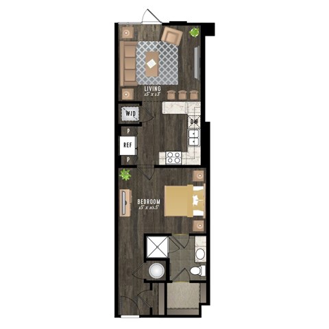 A floor plan of a small apartment with a living room, dining room, and bedroom.